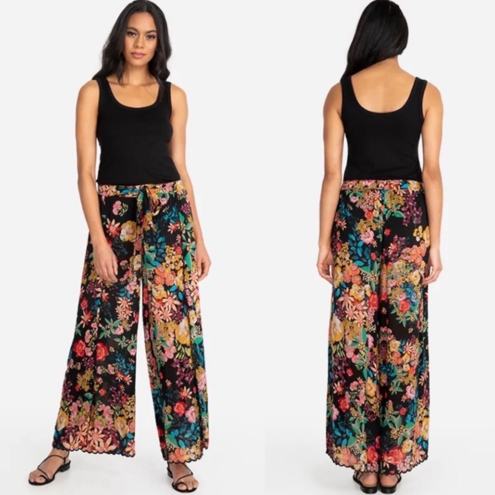Johnny Was Floral Print Scalloped Edge Albany Tie Waist Pants Size L